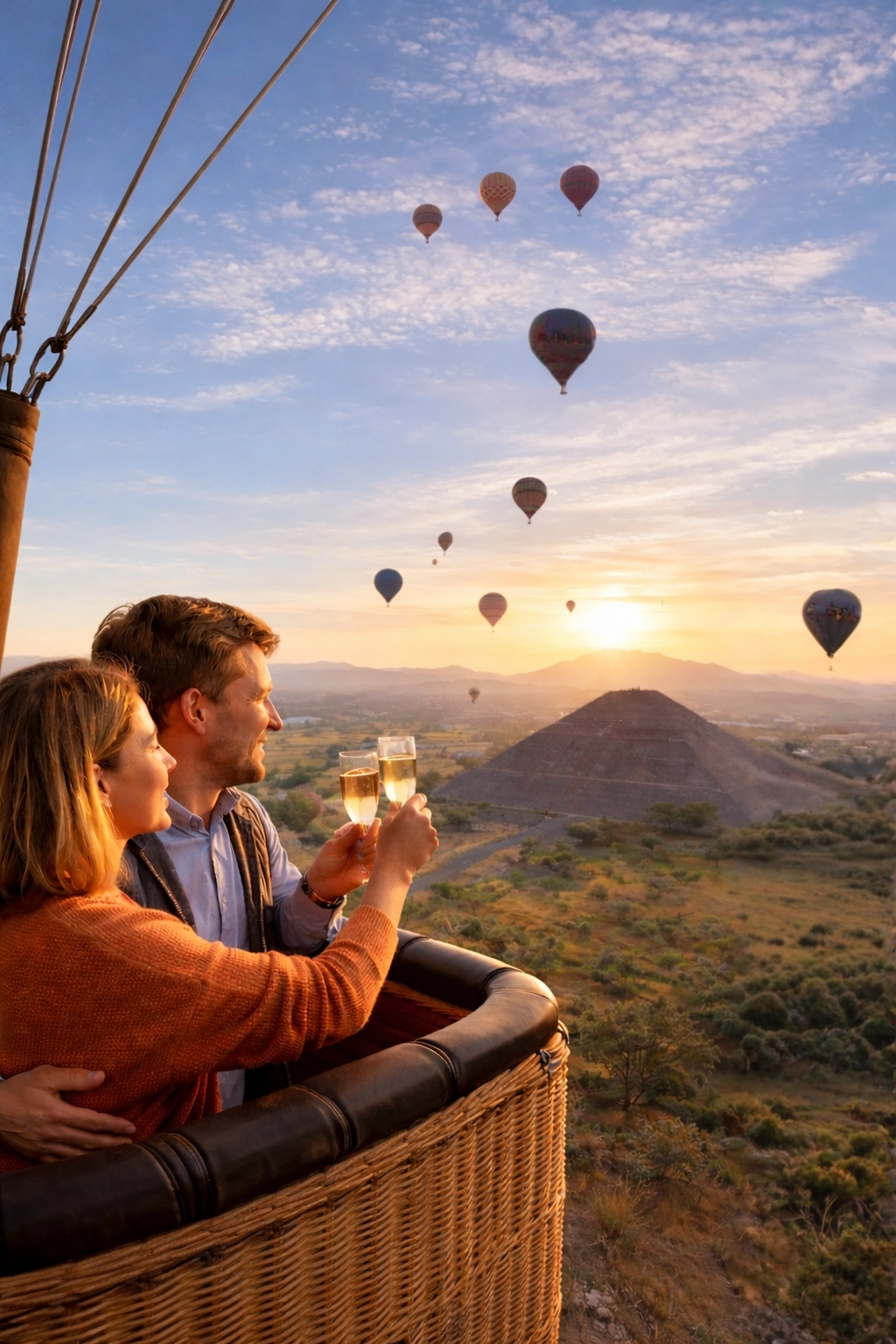 A couple enjoying hot-air balloons above Teotihuacán near Mexico City